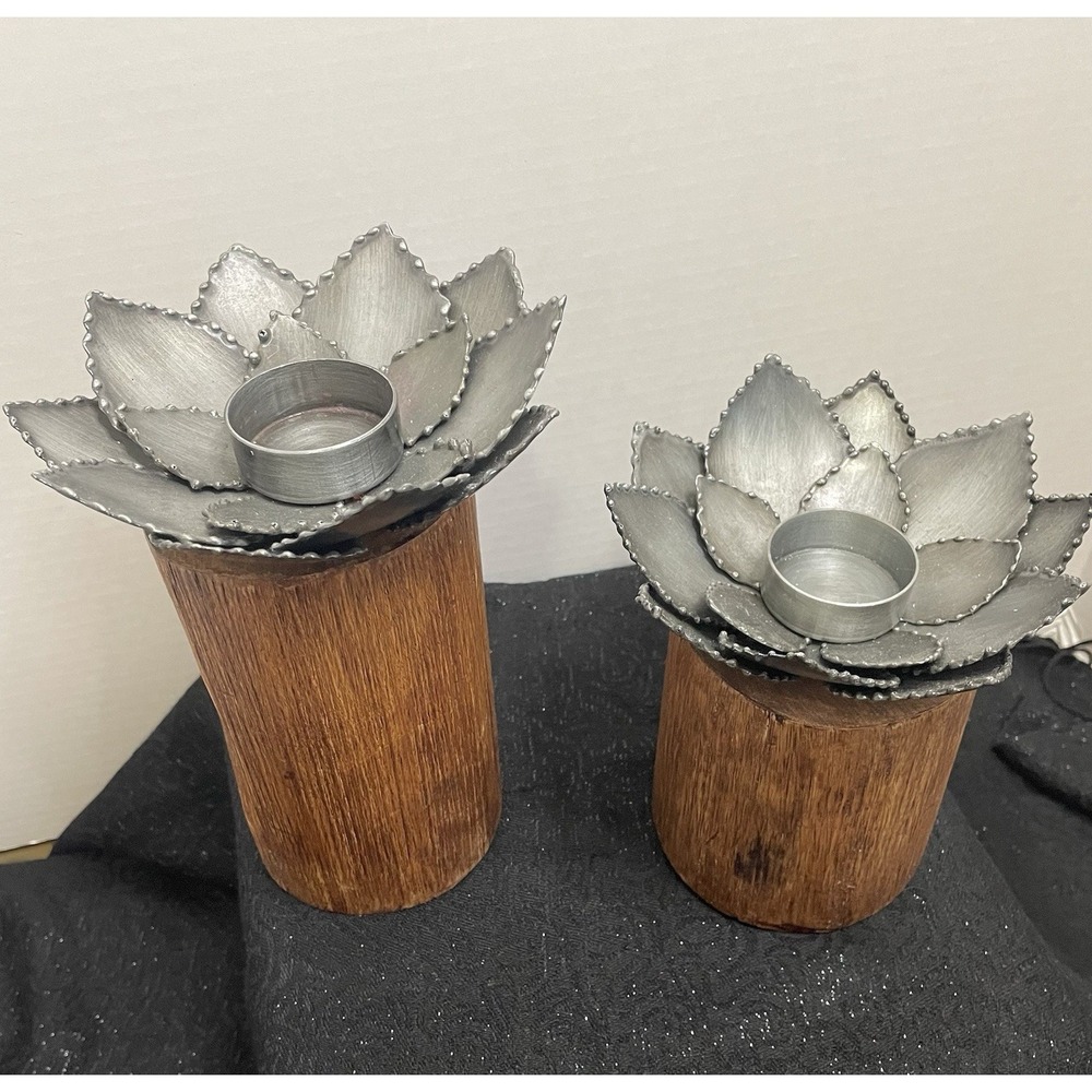Lotus Flower Tea Light Candle Holder Set Of 2 Metal & Wood Boho Primitive Rustic